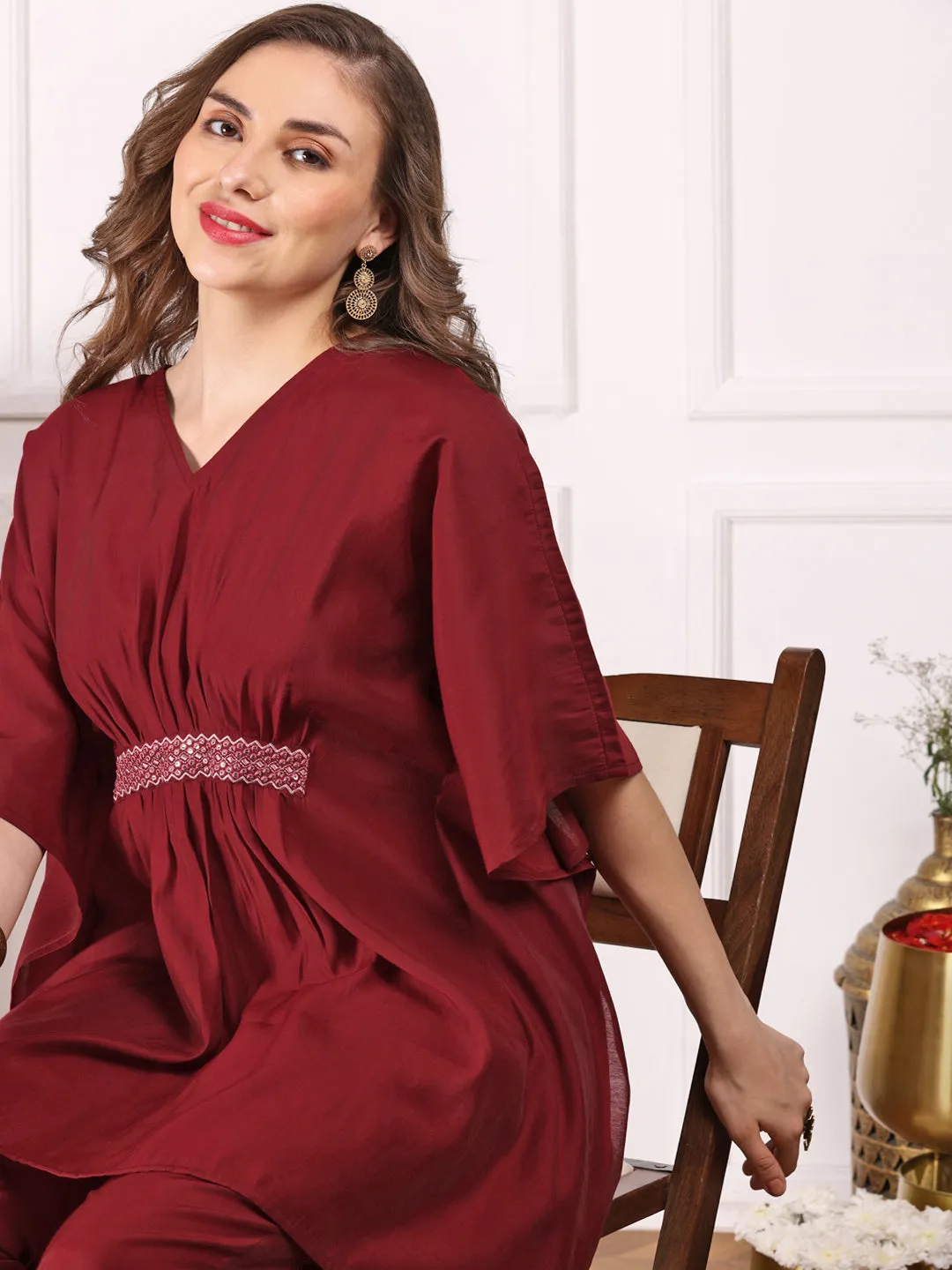 Ishin Women Maroon Kimono Sleeve Asymmetric Kaftan Kurti with Trousers