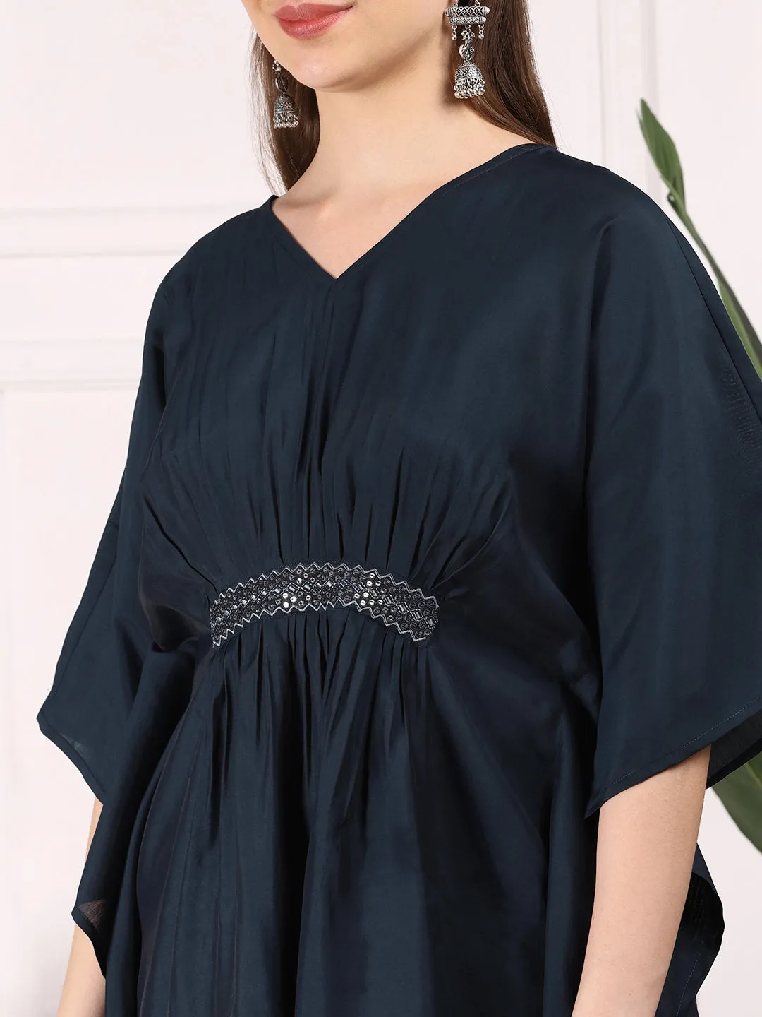 Ishin Women Navy Blue Kimono Sleeve Asymmetric Kaftan Kurti with Trousers