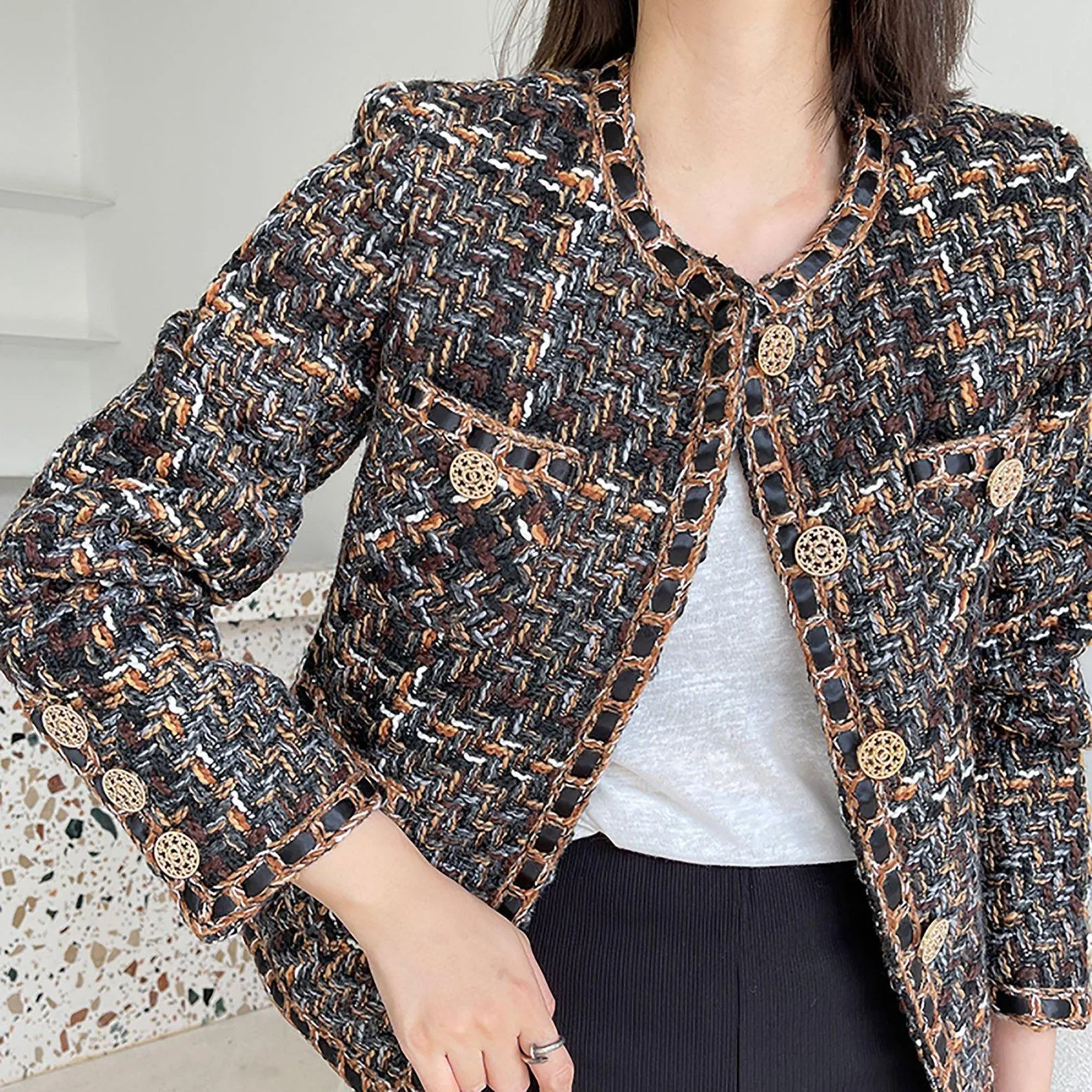 Jewel neck Tweed Short Jacket