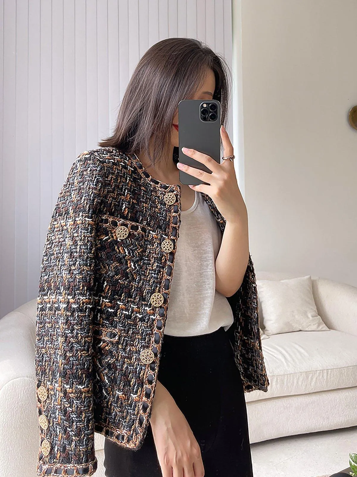 Jewel neck Tweed Short Jacket