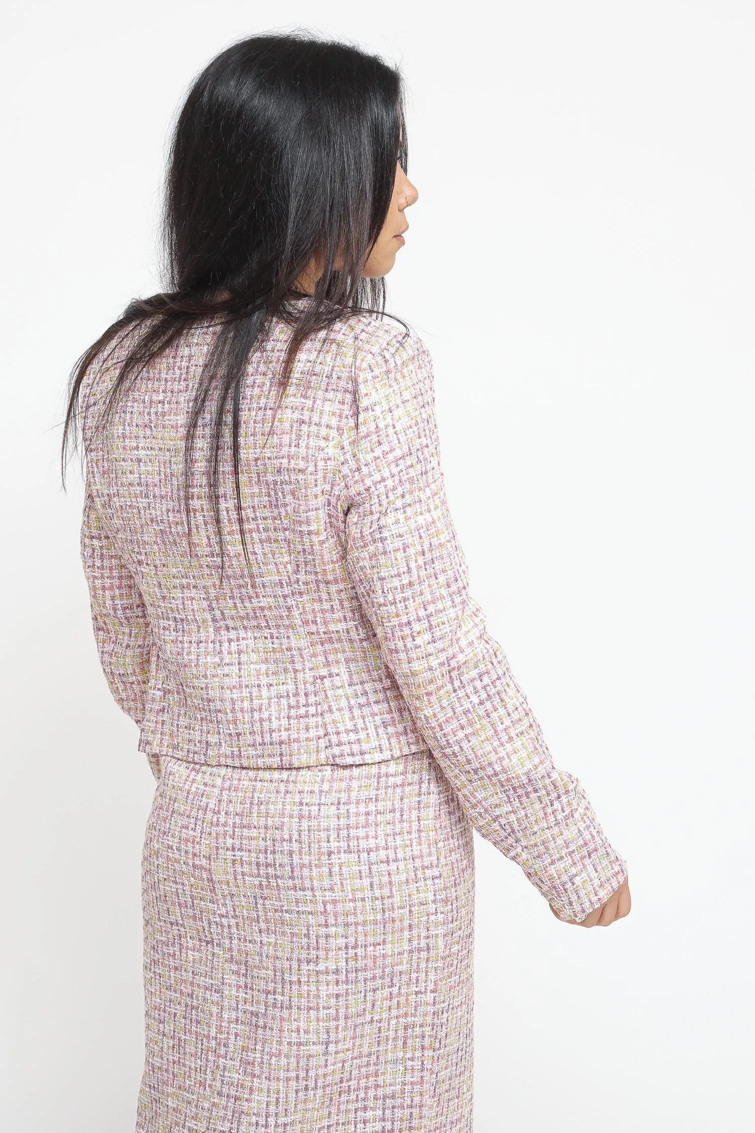 Ladies Jacket - Pink Multi Tweed White