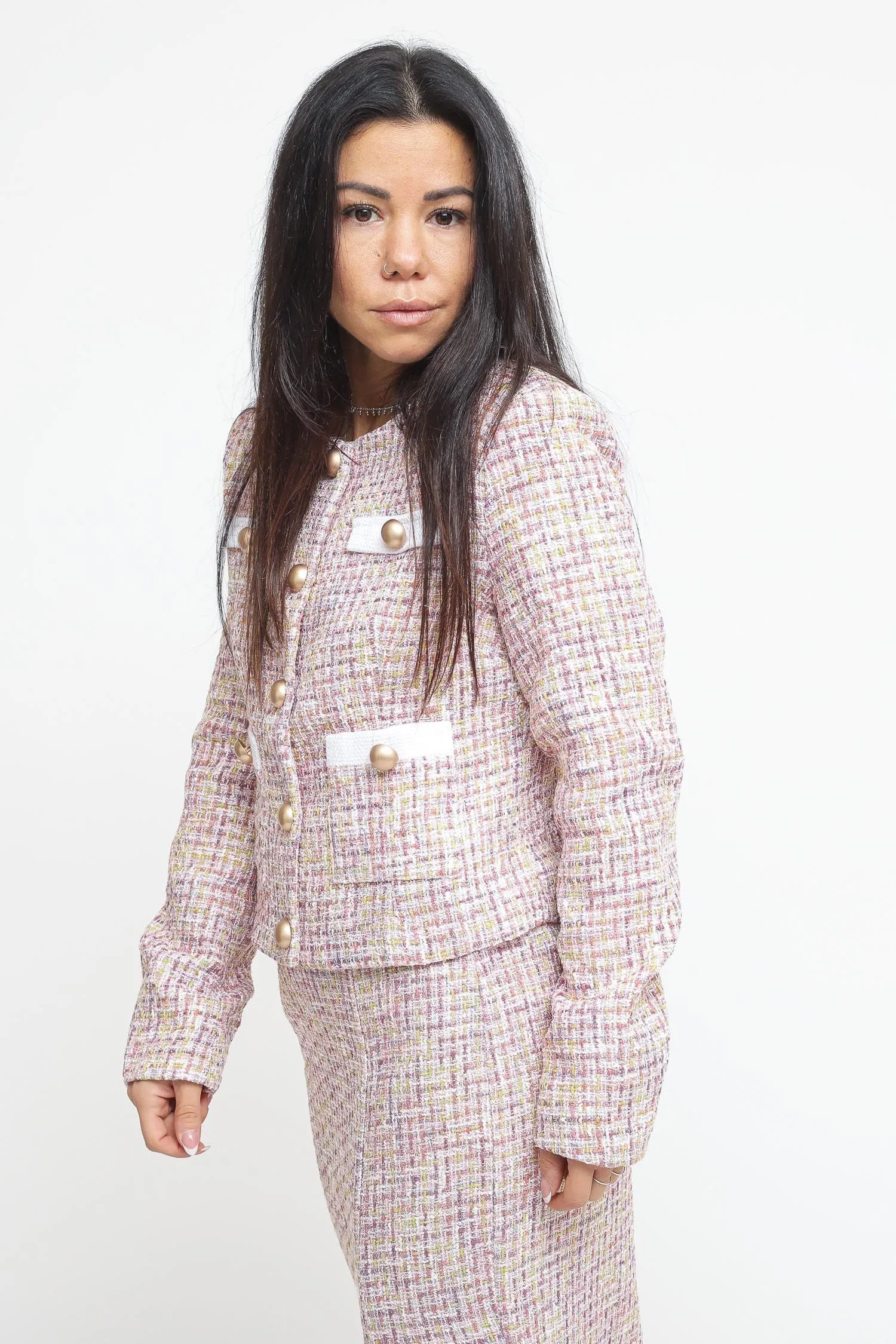 Ladies Jacket - Pink Multi Tweed White