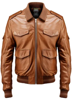 Men Brown Strap Pockets Bomber Leather Jacket- Bomber Jacket Mens