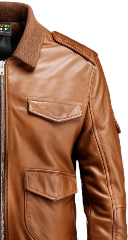 Men Brown Strap Pockets Bomber Leather Jacket- Bomber Jacket Mens