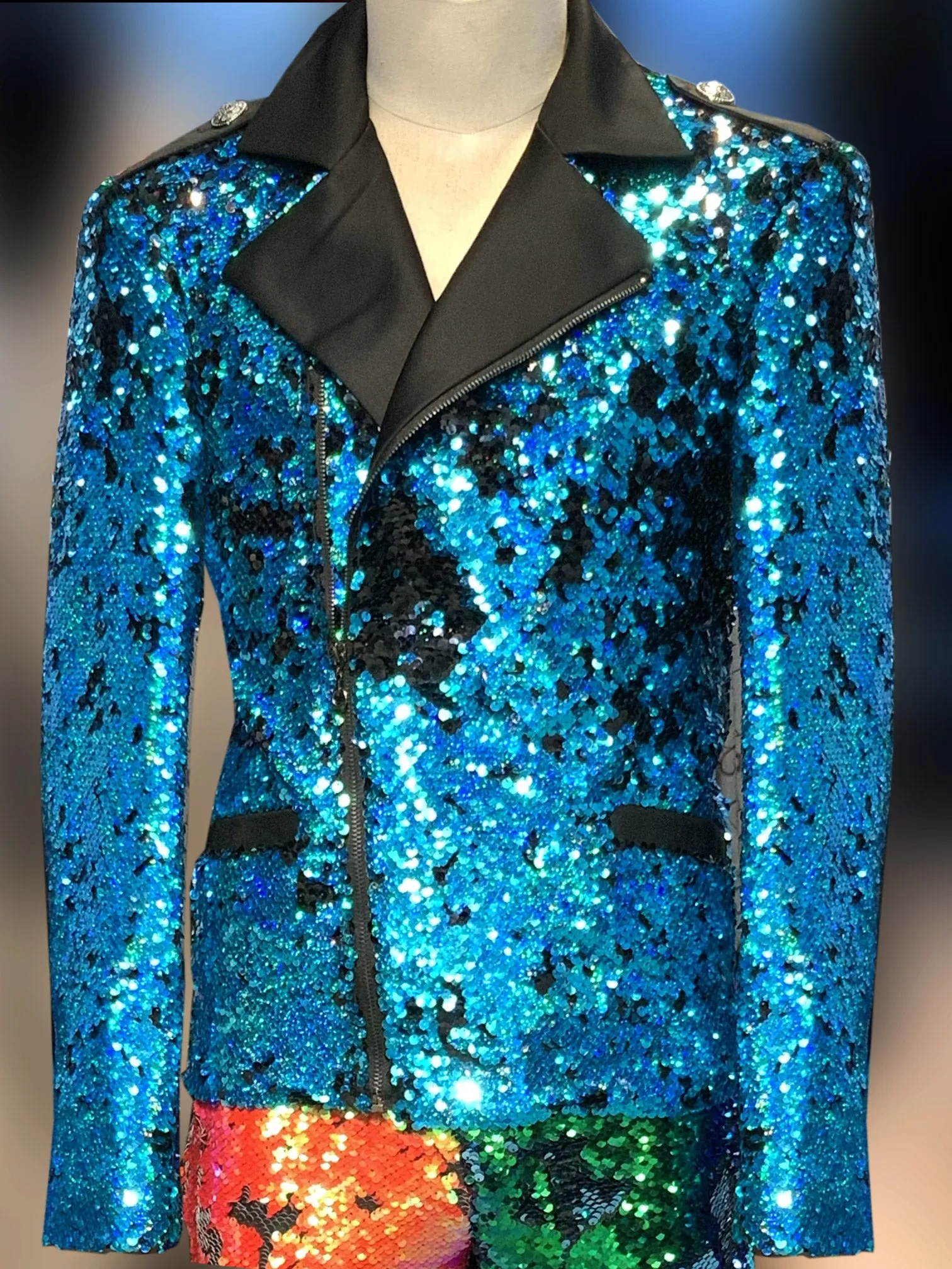 mens sequin biker jacket, teal color