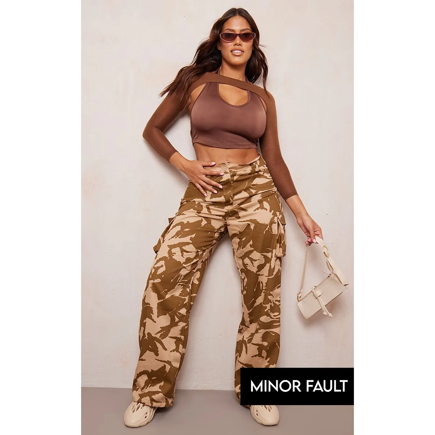 (Minor Fault) Stone Camo Wide Leg Cargo Trousers