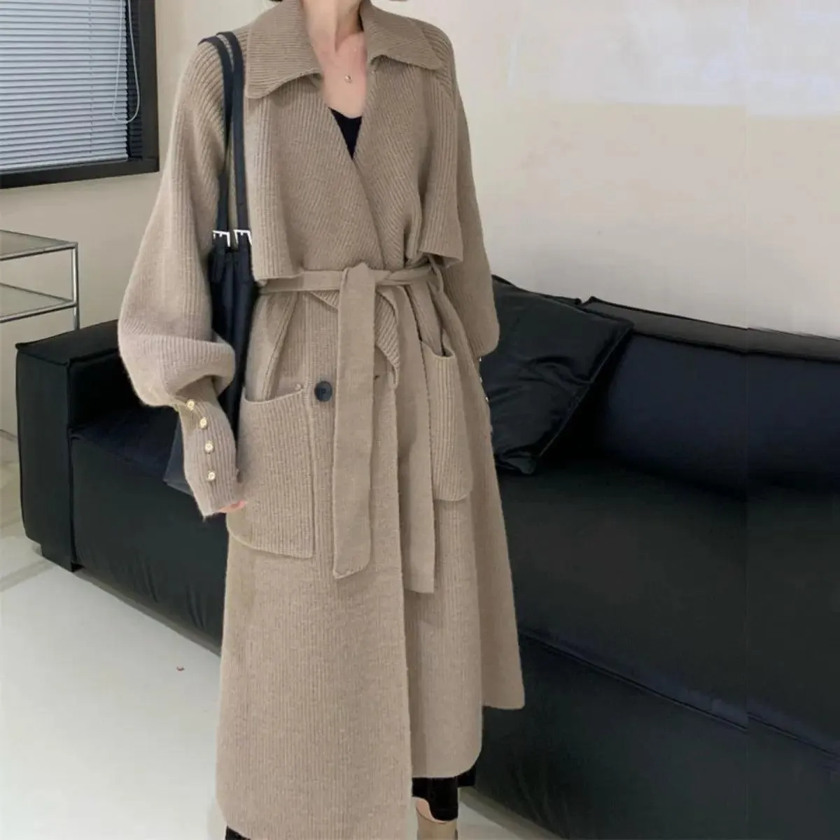 MS016 Mid Length Knitted Trench Coat Sweater