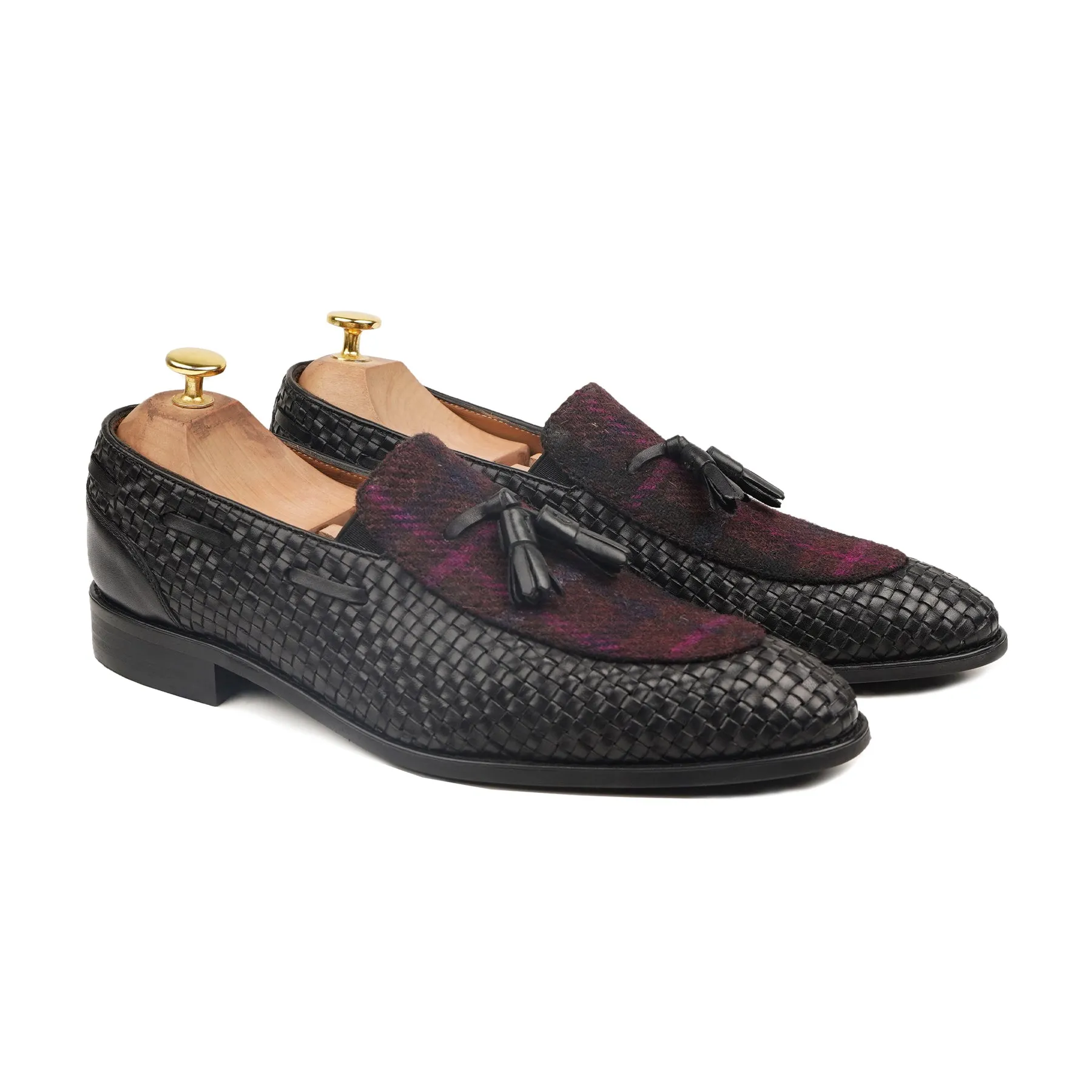 Okawa - Men's Black Hand Woven Calf Leather and Harris Tweed Loafer