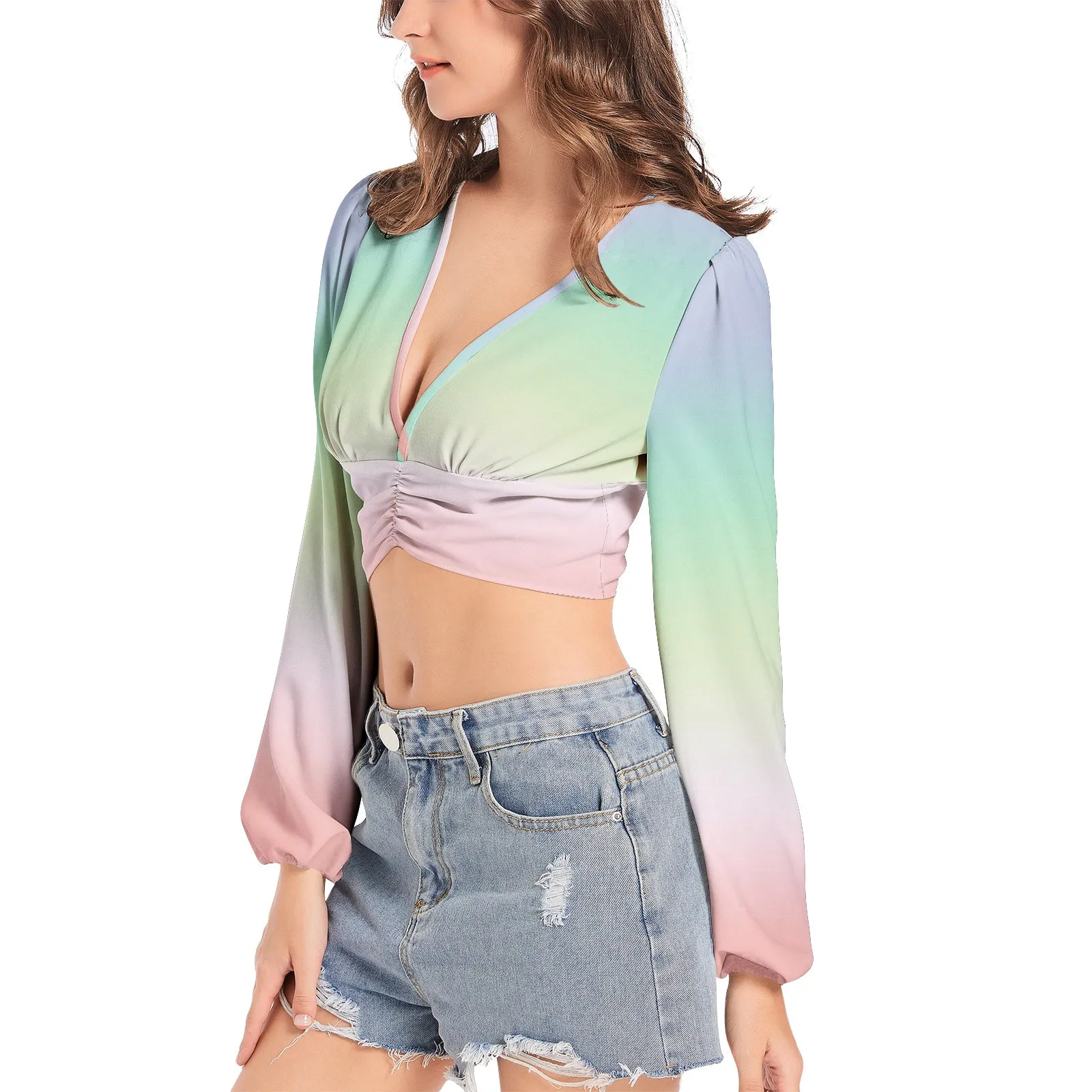 Pastel Wind Women's Deep V-Neck Lantern Sleeve Crop Top