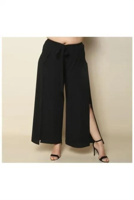 Plus Size Slit Wide Leg Pants Sexy Women Trousers Solid Black Mid Waist Loose Pants Autumn Women Belted Pants XL-3XL Black Pants