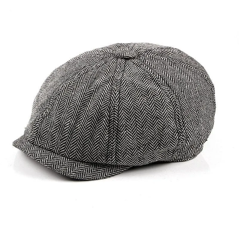 Retro Tweed Herringbone Octagonal Newsboy Cap