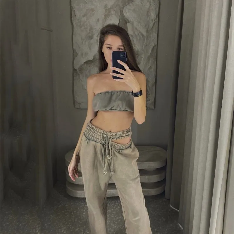 Retro Y2g Double Pants Hollow Out Cutout Drawstring Sweatpants Women Loose Casual Trousers Ankle Tied Straight Leg Pants