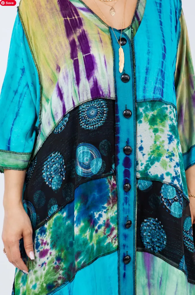 Turquoise Flirt Sunheart  Zen Boho Tunic Top Jacket Hippie Chic Resort Wear Sml-2X