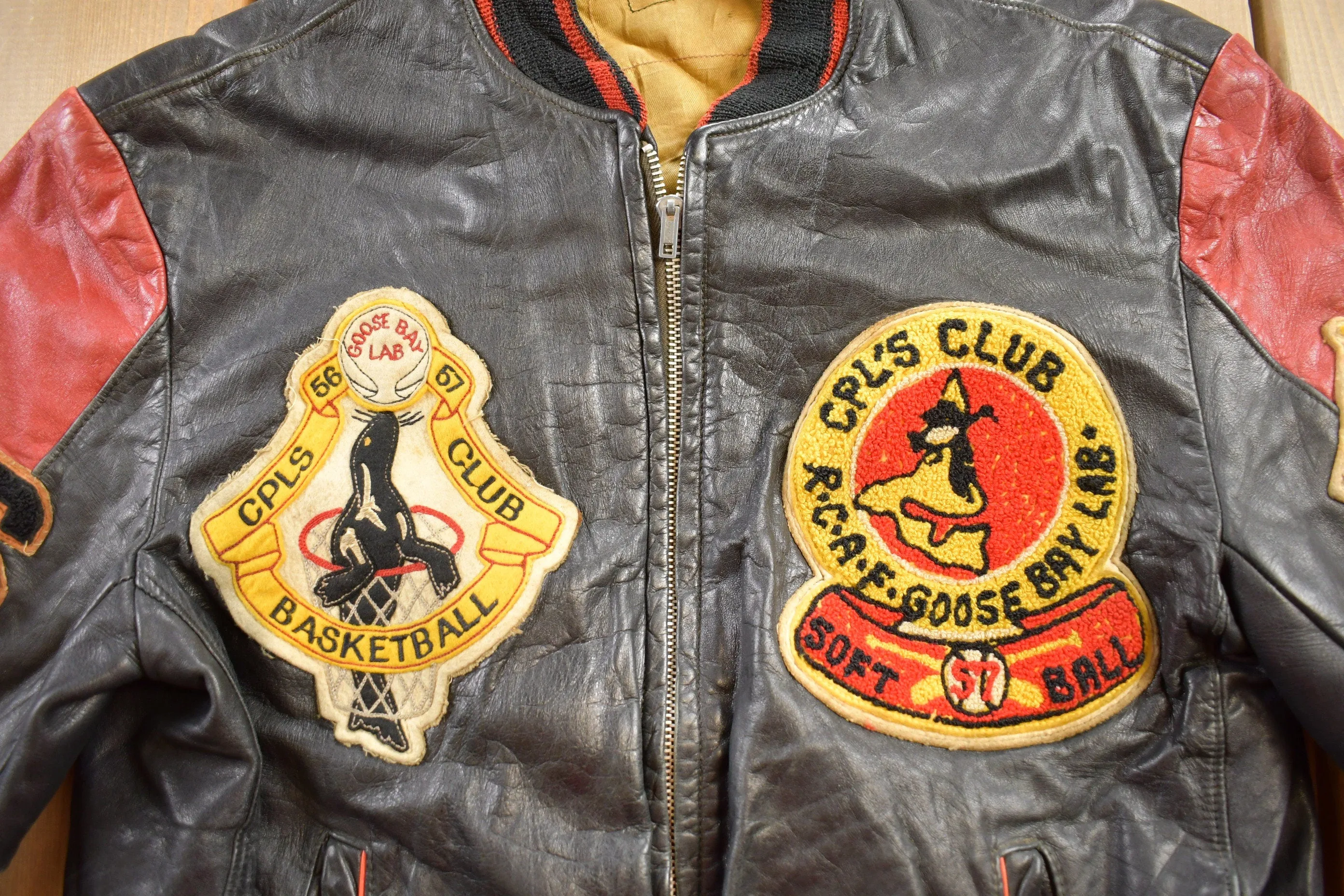 Vintage 1950s CPLS Basketball Club Leather Jacket / Lightning Zipper / Leather Bomber Jacket / Patchwork / Biker Jacket