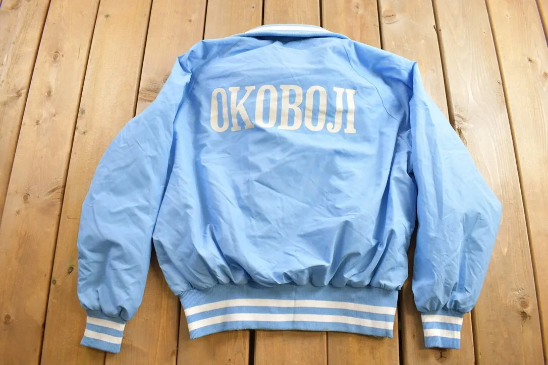 Vintage 1970s University Of Okoboji Satin Bomber Jacket / Snap Button / Streetwear / Souvenir Jacket / Made In USA / Pla-Jac By Dunbrooke /