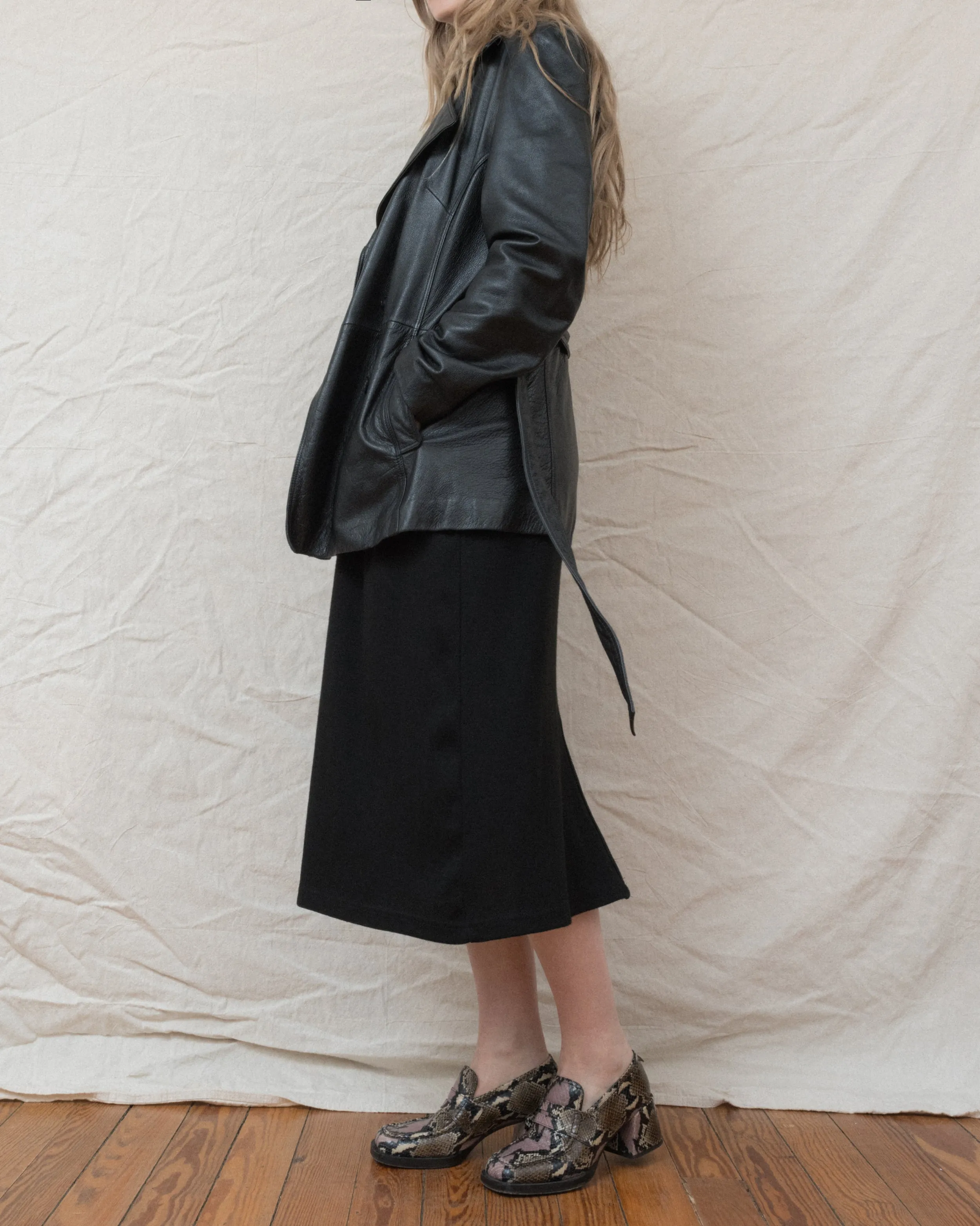 Vintage Black Leather Trench Jacket (S/M)