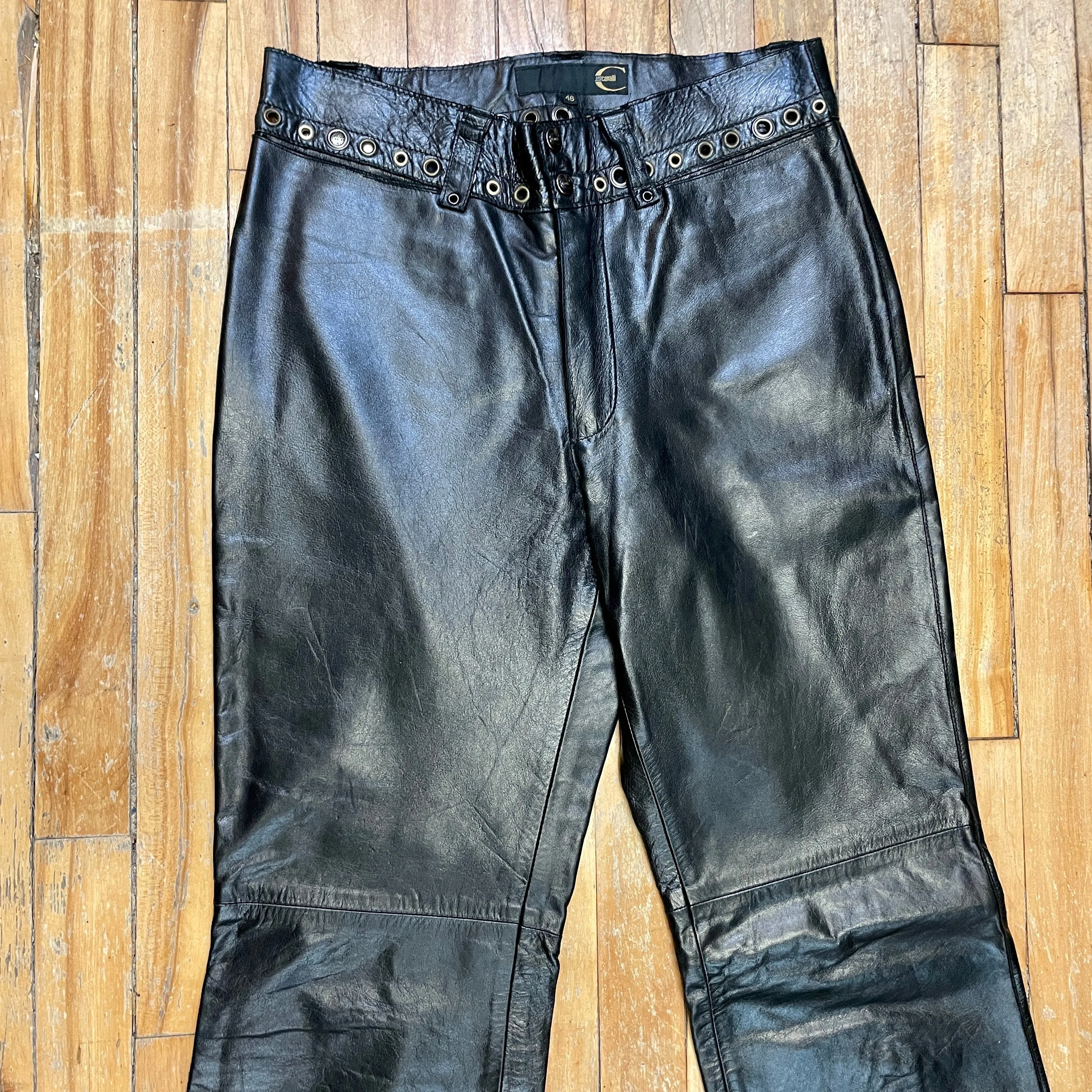 Vintage Roberto Cavalli "Just Cavalli" Black Leather Trousers with Grommet Detailing on Waistband Size 30"