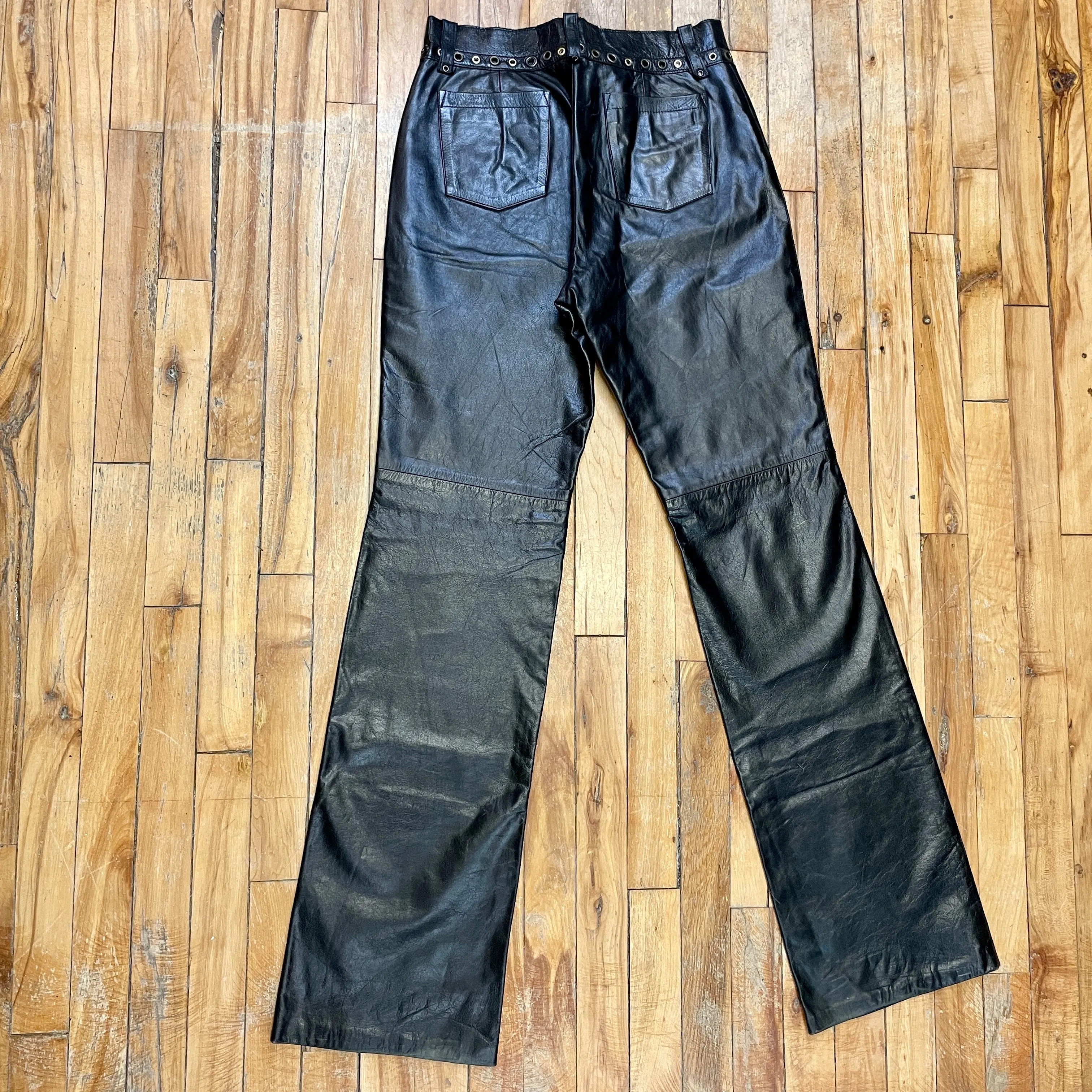 Vintage Roberto Cavalli "Just Cavalli" Black Leather Trousers with Grommet Detailing on Waistband Size 30"