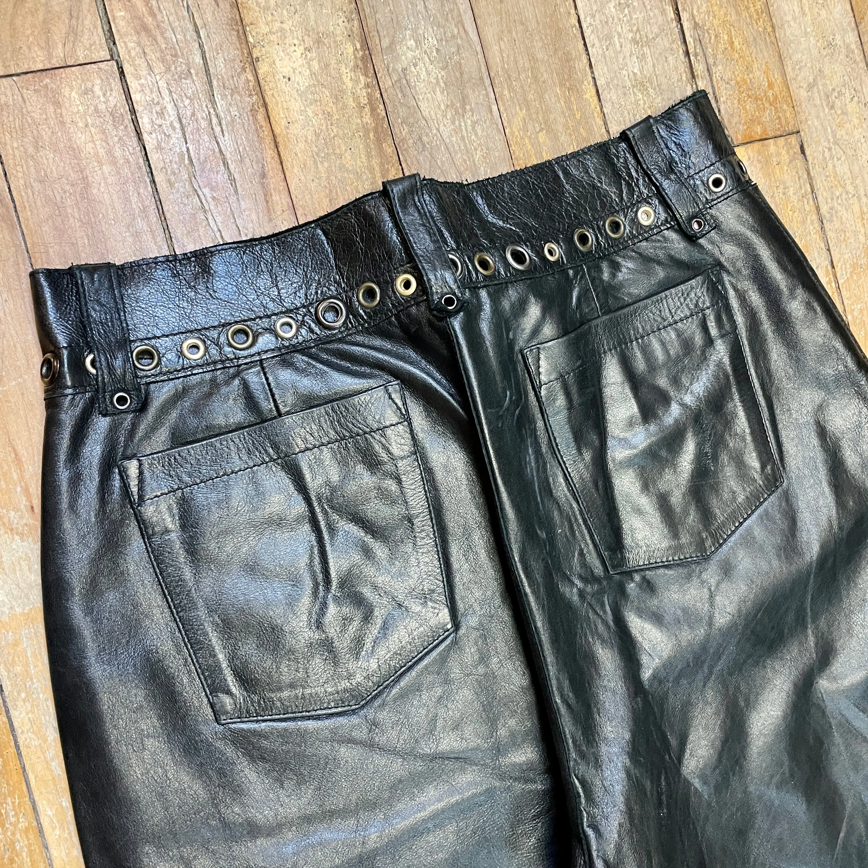 Vintage Roberto Cavalli "Just Cavalli" Black Leather Trousers with Grommet Detailing on Waistband Size 30"