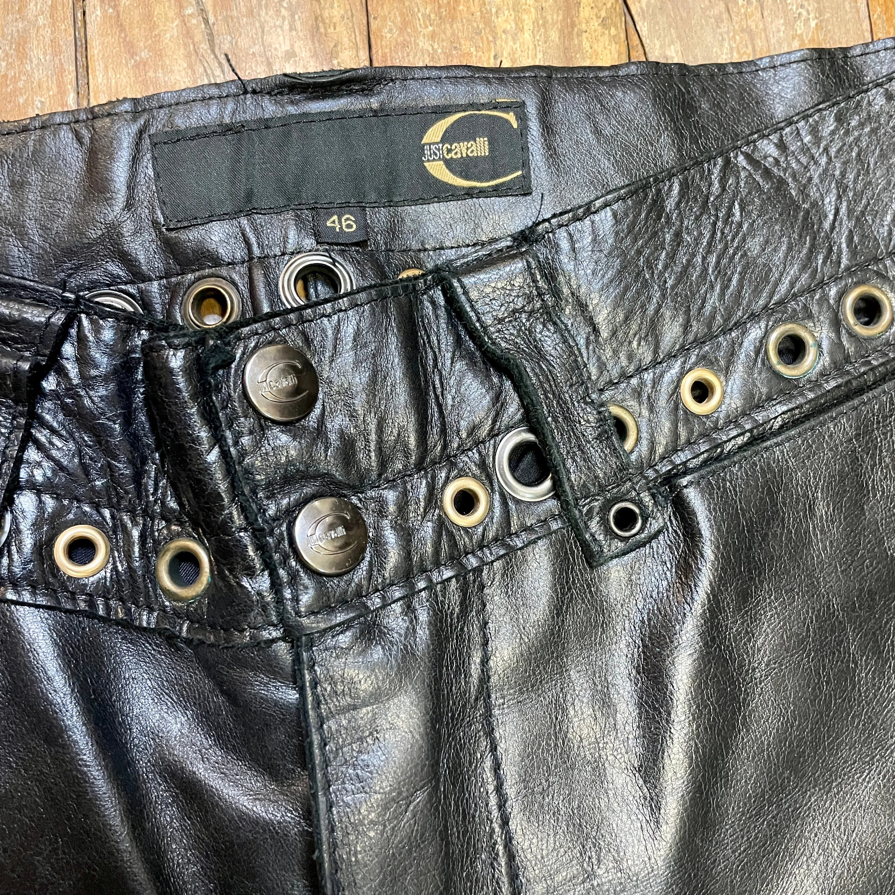 Vintage Roberto Cavalli "Just Cavalli" Black Leather Trousers with Grommet Detailing on Waistband Size 30"