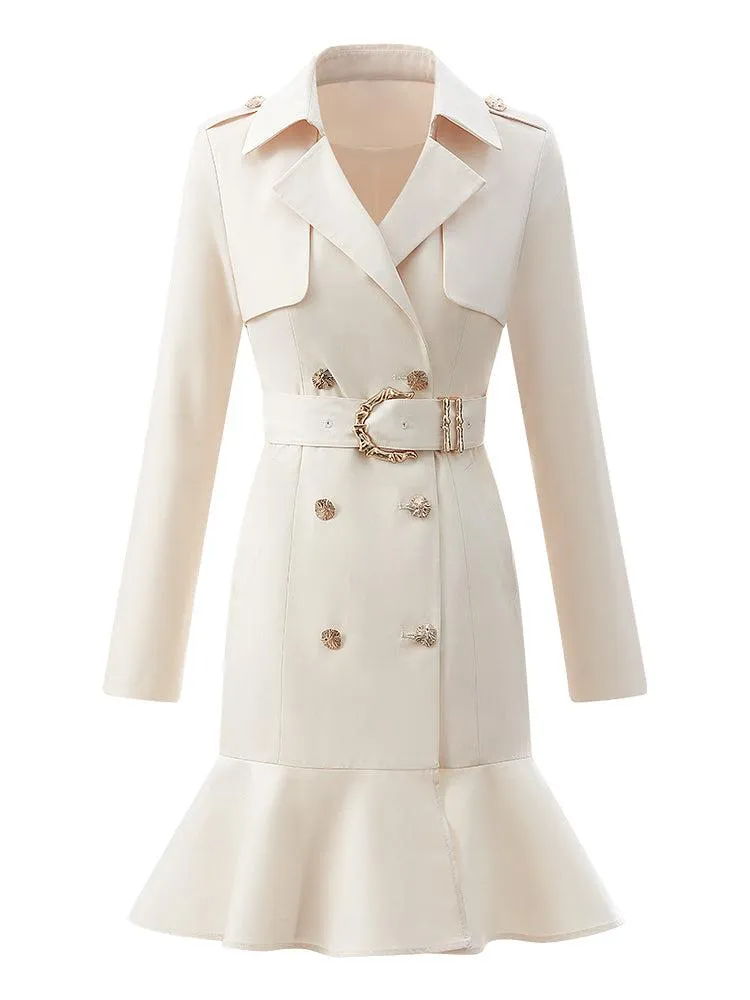 Women Beige Long Trench Dress Coat with belt