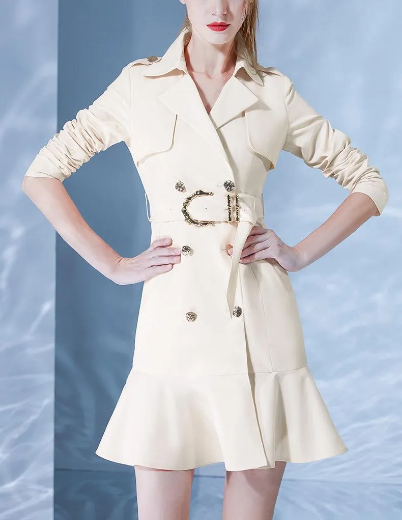 Women Beige Long Trench Dress Coat with belt