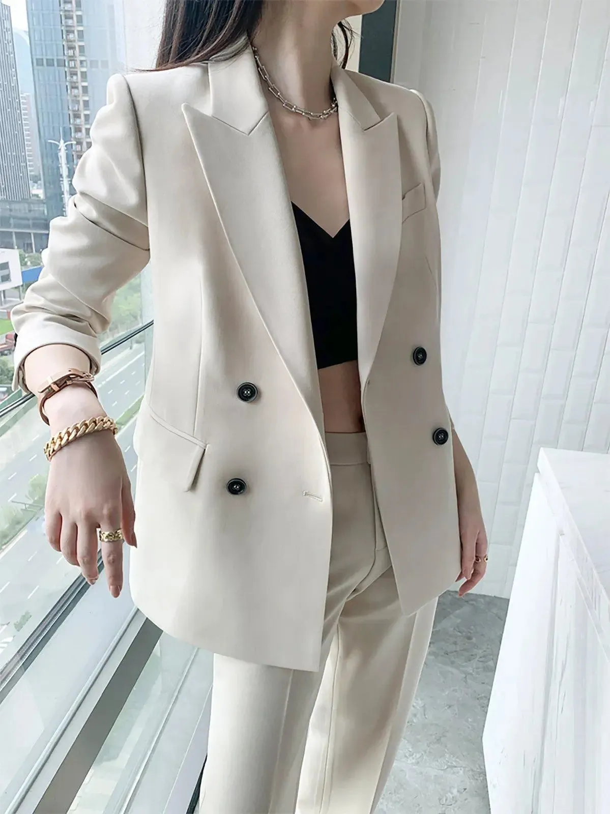 Women's Beige Blazer Suit Wide Leg Pants,Double Breasted Blazer Coat,High Waist Trousers,wedding suit women,Fall Coat Suit,Office Lady wear