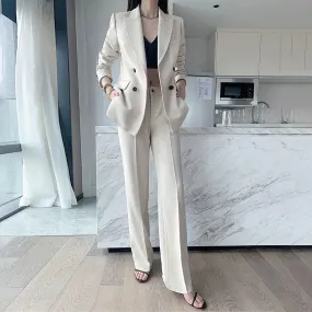 Women's Beige Blazer Suit Wide Leg Pants,Double Breasted Blazer Coat,High Waist Trousers,wedding suit women,Fall Coat Suit,Office Lady wear