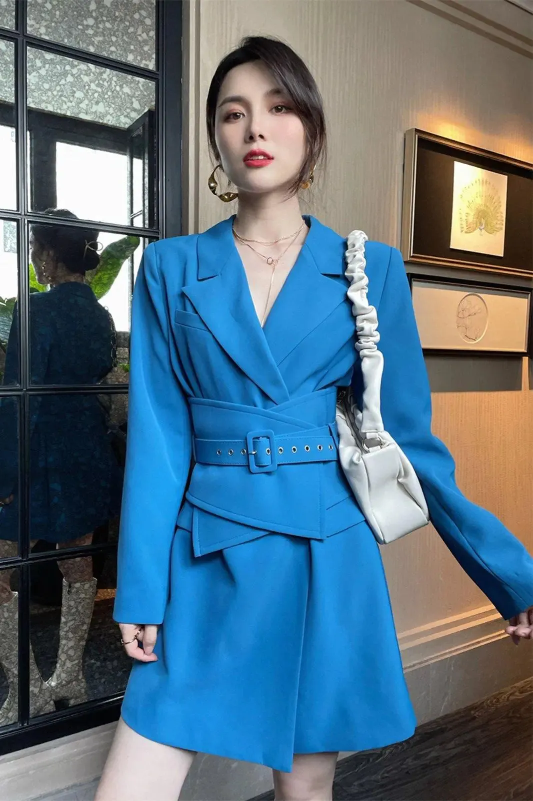 Women's Blue girdle Trench Coat,Blue Blazer Dress,Business Attire Sexy Office Wear,Trench dress,dress jacket,Fall trench coat,Vivian7 T107