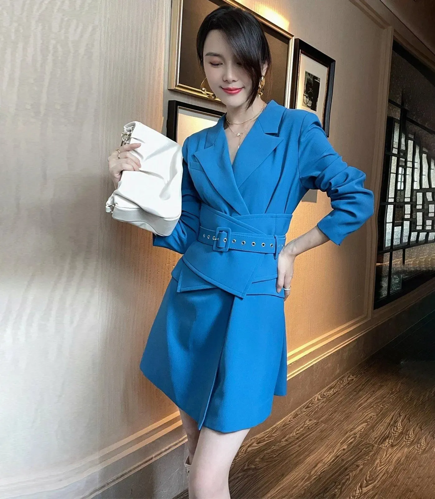 Women's Blue girdle Trench Coat,Blue Blazer Dress,Business Attire Sexy Office Wear,Trench dress,dress jacket,Fall trench coat,Vivian7 T107