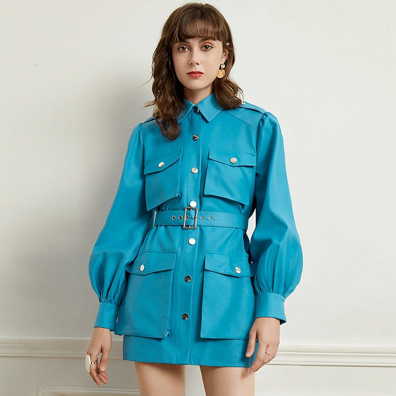 Women's Khaki Long jacket Lantern Sleeve Shirt Dress Belted Waist Epaulet Loose Blazer Jacket trench Dress Fall coat spring windbreaker coat