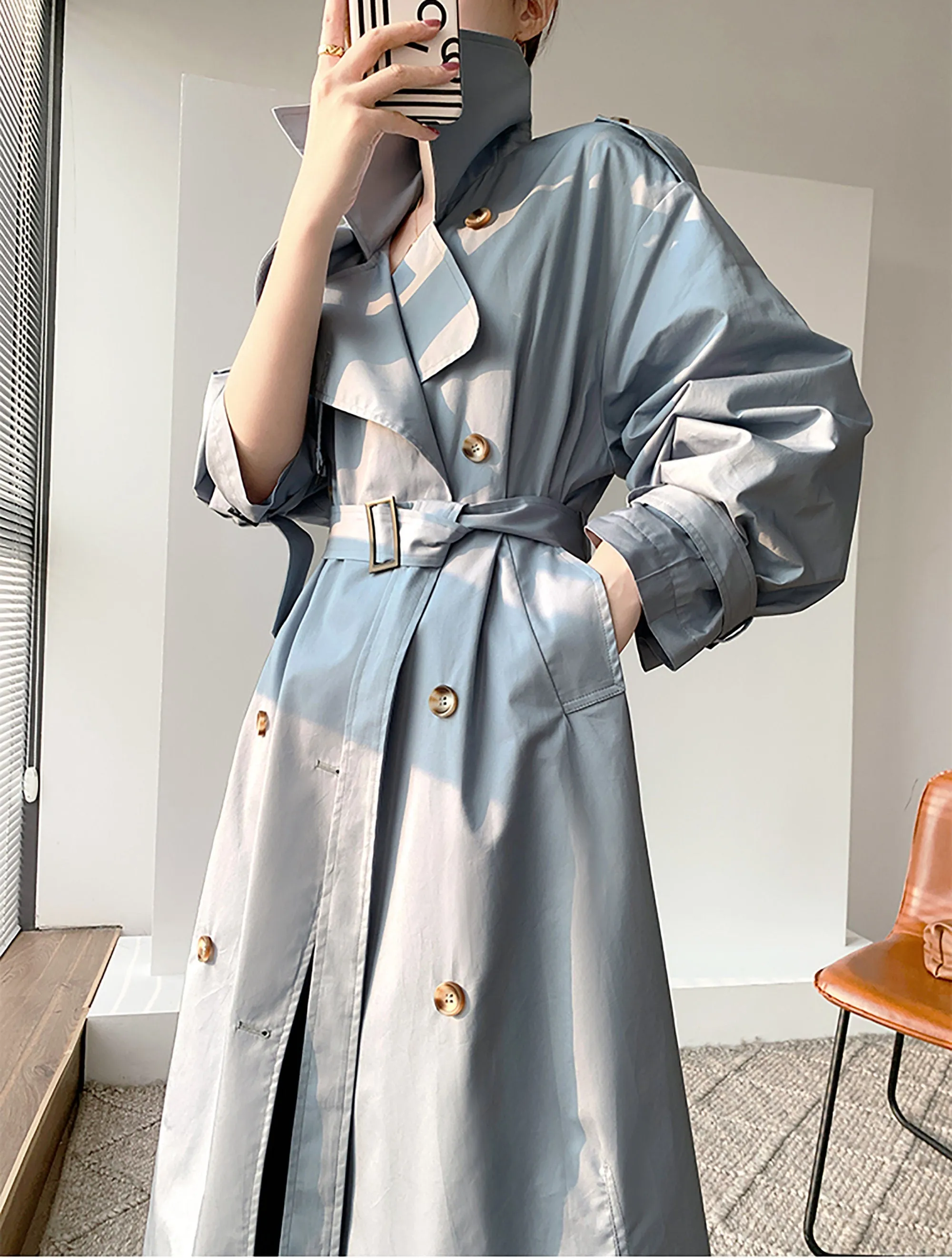 Women's Light Blue Drop Belted Trench Coat,Double Breasted Cotton Blend Trench Coat,Fall Windbreaker Oversize Duster Coat Outerwear Raincoat