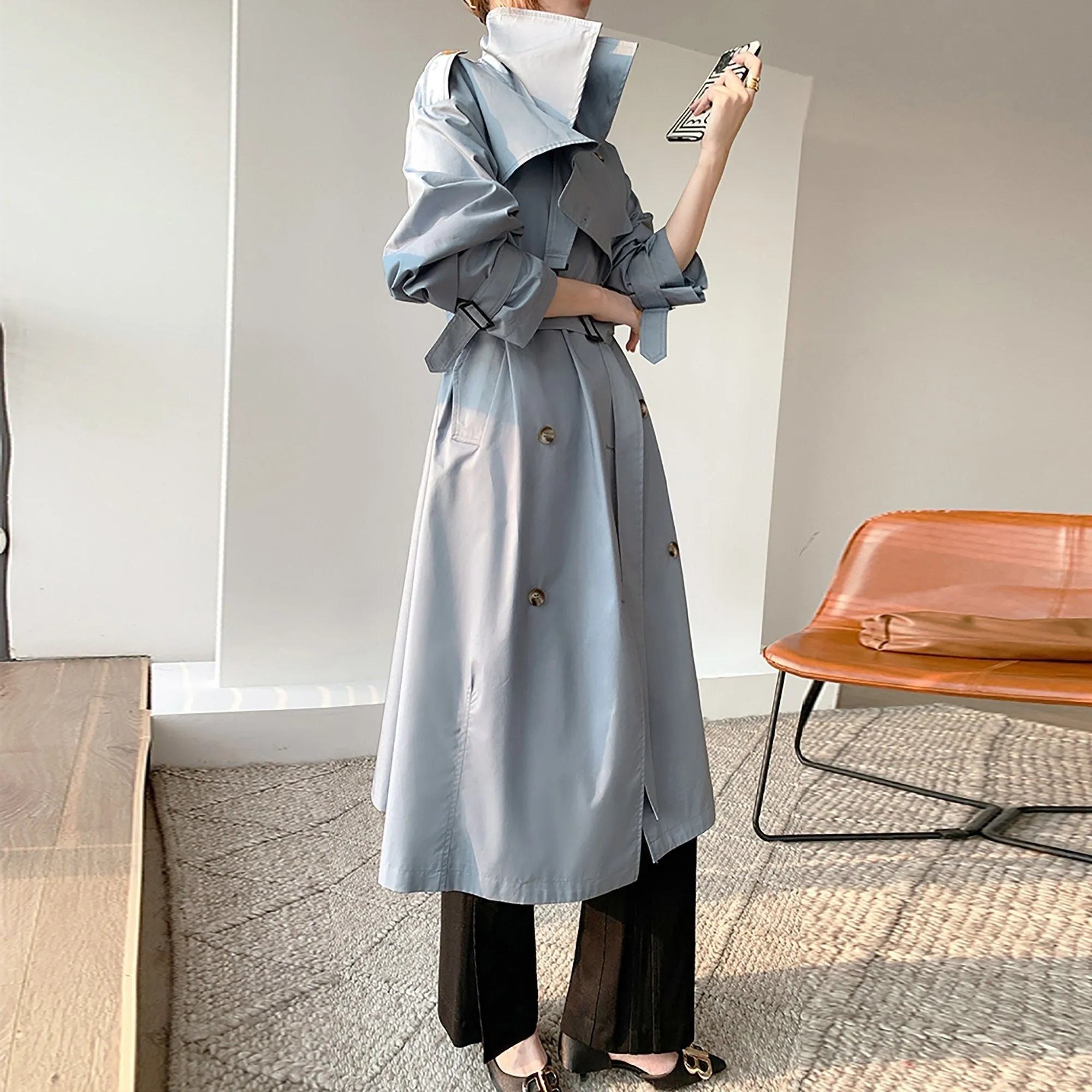 Women's Light Blue Drop Belted Trench Coat,Double Breasted Cotton Blend Trench Coat,Fall Windbreaker Oversize Duster Coat Outerwear Raincoat