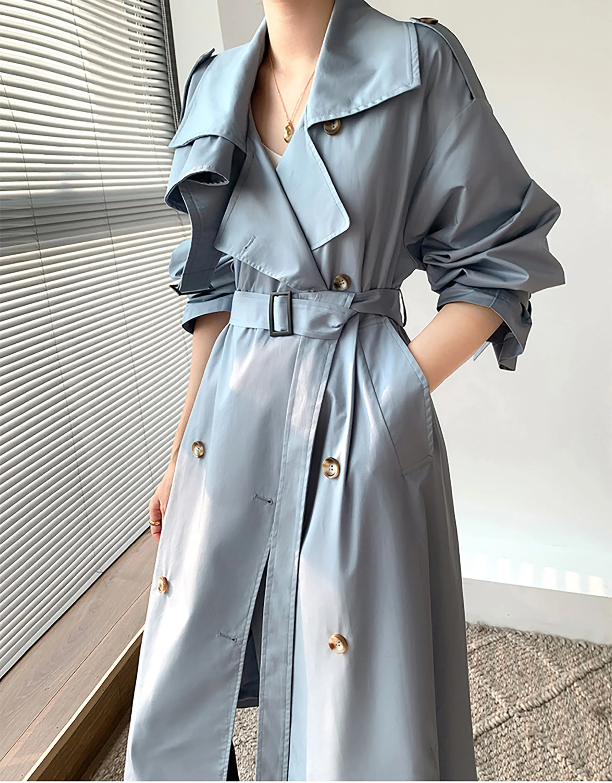 Women's Light Blue Drop Belted Trench Coat,Double Breasted Cotton Blend Trench Coat,Fall Windbreaker Oversize Duster Coat Outerwear Raincoat