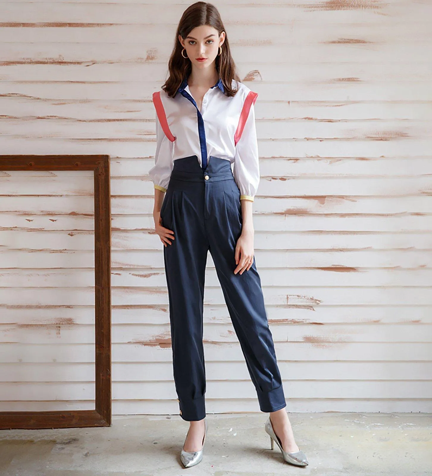 Women's Sets,Office Lady Shirt Pants Sets,Half Sleeve Top and Pants Suits,Blouses trousers 2 piece Sets,Summer Clothing Shirt Pants Sets