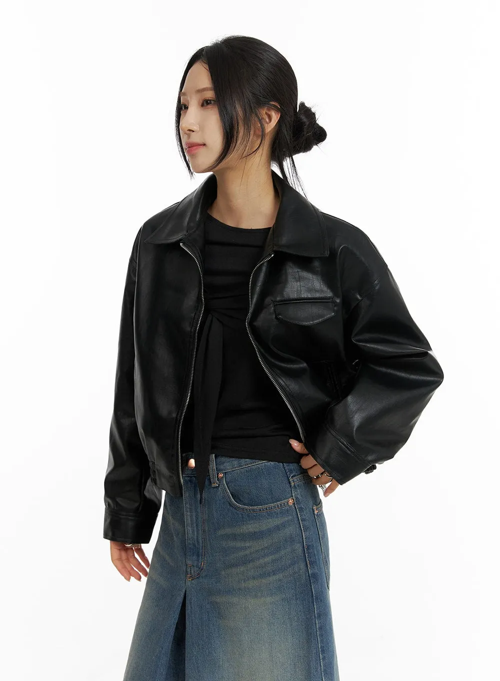 Zip-Up Faux Leather Bomber Jacket CF429